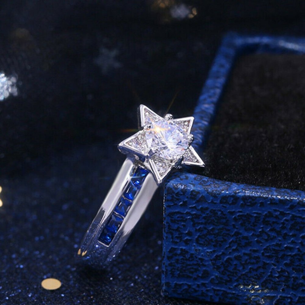 Chic 925 Silver Star Shape White Sapphire Ring New - Picture 4 of 5